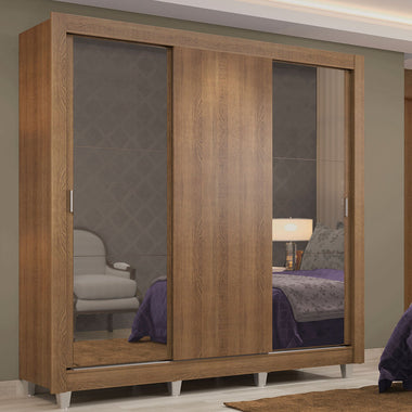 Placard Matrimonial 170 cm 3 Puertas Corredizas 2 Cajones con 2 Espejos y Patas Marrón Lyon Madesa