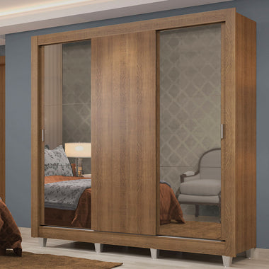 Placard Matrimonial 170 cm 3 Puertas Corredizas 4 Cajones con 2 Espejos y Patas Marrón Lyon Madesa