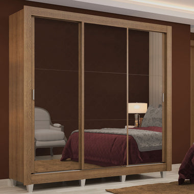 Placard Matrimonial 170 cm 3 Puertas Corredizas 2 Cajones con 3 Espejos y Patas Marrón Lyon Madesa
