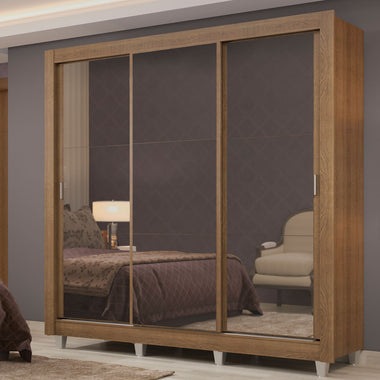 Placard Matrimonial 170 cm 3 Puertas Corredizas 4 Cajones con 3 Espejos y Patas Marrón Lyon Madesa