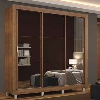 Placard Matrimonial 170 cm 3 Puertas Corredizas con 3 Espejos y Patas Marrón Mónaco Madesa