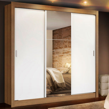 Placard Matrimonial 170 cm 3 Puertas Corredizas 2 Cajones con 1 Espejo Marrón/Blanco Lyon Madesa