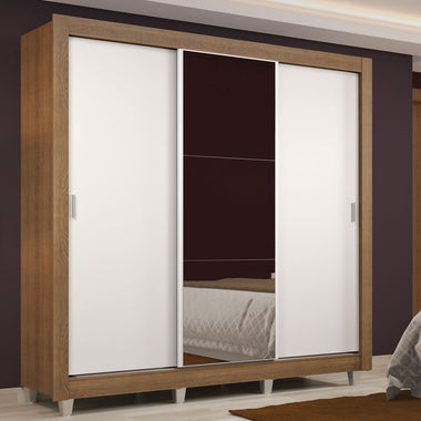 Placard Matrimonial 170 cm 3 Puertas Corredizas 2 Cajones con 1 Espejo y Patas Marrón/Blanco Lyon Madesa