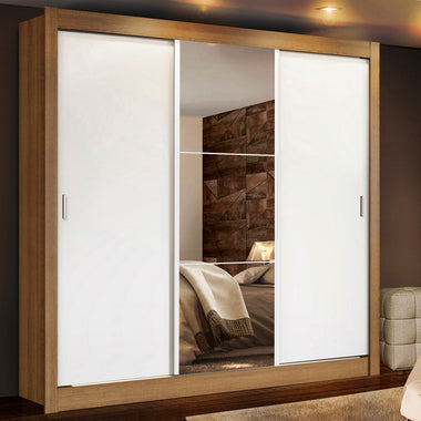 Placard Matrimonial 170 cm 3 Puertas Corredizas 4 Cajones con 1 Espejo Marrón/Blanco Lyon Madesa
