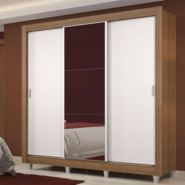 Placard Matrimonial 170 cm 3 Puertas Corredizas 4 Cajones con 1 Espejo y Patas Marrón/Blanco Lyon Madesa