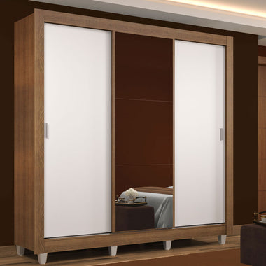 Placard Matrimonial 170 cm 3 Puertas Corredizas con 1 Espejo y Patas Marrón/Blanco Mónaco Madesa