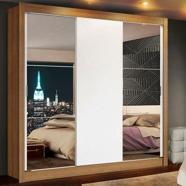 Placard Matrimonial 170 cm 3 Puertas Corredizas 2 Cajones con 2 Espejos Marrón/Blanco Lyon Madesa