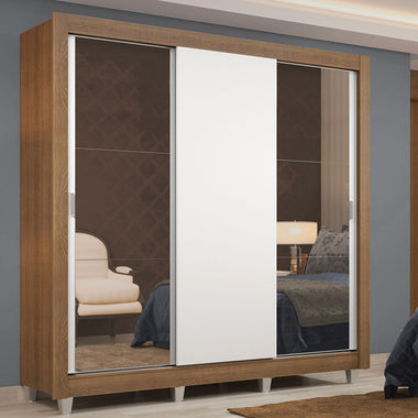 Placard Matrimonial 170 cm 3 Puertas Corredizas 2 Cajones con 2 Espejos y Patas Marrón/Blanco Lyon Madesa