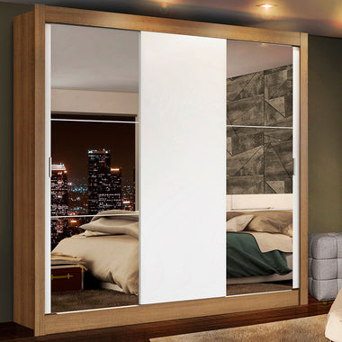 Placard Matrimonial 170 cm 3 Puertas Corredizas 4 Cajones con 2 Espejos Marrón/Blanco Lyon Madesa