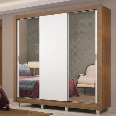 Placard Matrimonial 170 cm 3 Puertas Corredizas 4 Cajones con 2 Espejos y Patas Marrón/Blanco Lyon Madesa