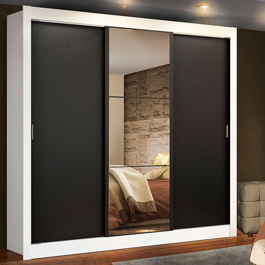 Placard Matrimonial 170 cm 3 Puertas Corredizas 2 Cajones con 1 Espejo Blanco/Negro Lyon Madesa