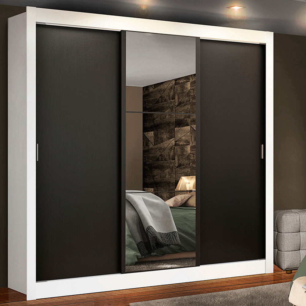 Placard Matrimonial Lyon Plus 3 Puertas Corredizas con Espejos 4 Cajones Blanco/Negro