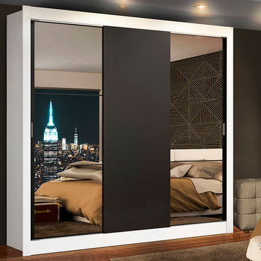 Placard Matrimonial 170 cm 3 Puertas Corredizas con 2 Espejos Blanco/Negro Mónaco Madesa