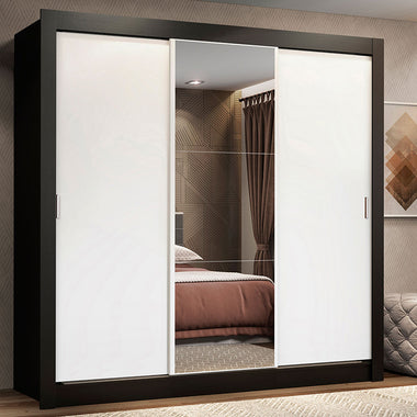 Placard Matrimonial 170 cm 3 Puertas Corredizas 2 Cajones con 1 Espejo Negro/Blanco Lyon Madesa