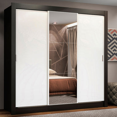Placard Matrimonial 170 cm 3 Puertas Corredizas 4 Cajones con 1 Espejo Negro/Blanco Lyon Madesa