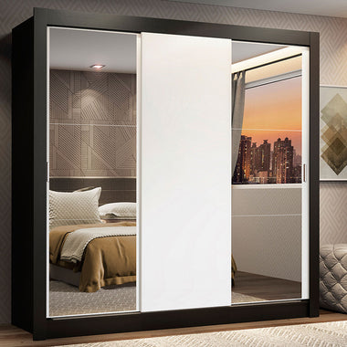 Placard Matrimonial 170 cm 3 Puertas Corredizas 2 Cajones con 2 Espejos Negro/Blanco Lyon Madesa