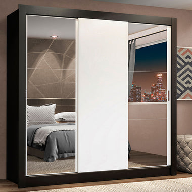 Placard Matrimonial 170 cm 3 Puertas Corredizas 4 Cajones con 2 Espejos Negro/Blanco Lyon Madesa