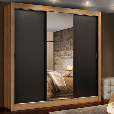 Placard Matrimonial 170 cm 3 Puertas Corredizas 2 Cajones con 1 Espejo Marrón/Negro Lyon Madesa
