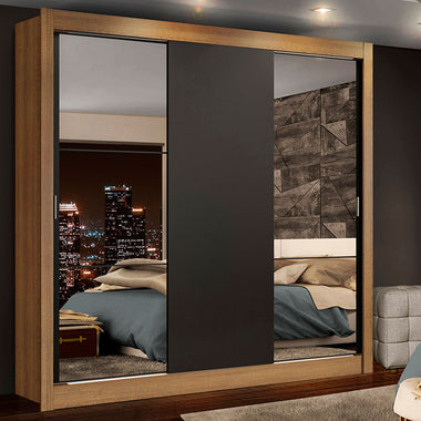 Placard Matrimonial 170 cm 3 Puertas Corredizas 4 Cajones con 2 Espejos Marrón/Negro Lyon Madesa