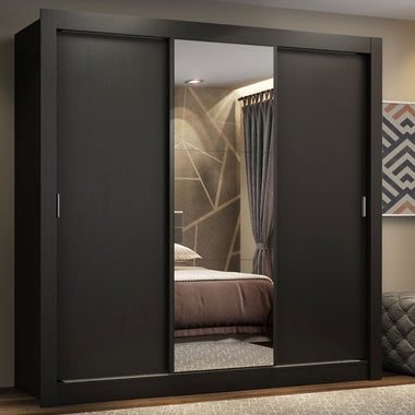 Placard Matrimonial 170 cm 3 Puertas Corredizas 4 Cajones con 1 Espejo Negro Lyon Madesa