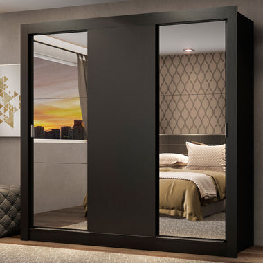 Placard Matrimonial 170 cm 3 Puertas Corredizas con 2 Espejos Negro Mónaco Madesa