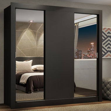 Placard Matrimonial 170 cm 3 Puertas Corredizas 4 Cajones con 2 Espejos Negro Lyon Madesa