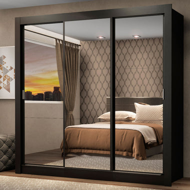 Placard Matrimonial 170 cm 3 Puertas Corredizas con 3 Espejos Negro Mónaco Madesa