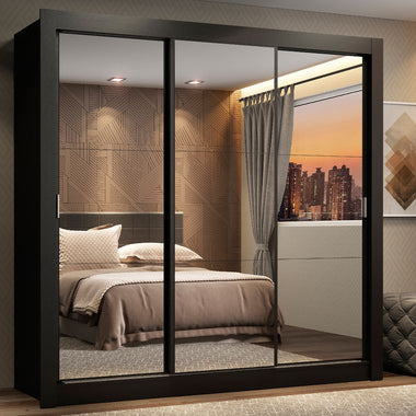 Placard Matrimonial 170 cm 3 Puertas Corredizas 2 Cajones con 3 Espejos Negro Lyon Madesa