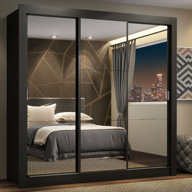 Placard Matrimonial 170 cm 3 Puertas Corredizas 4 Cajones con 3 Espejos Negro Lyon Madesa