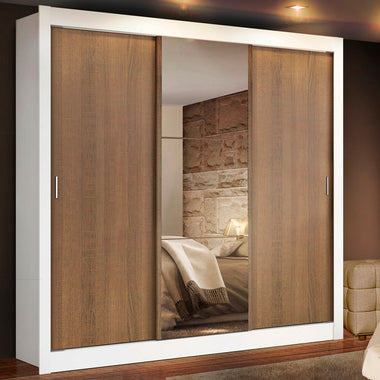 Placard Matrimonial 170 cm 3 Puertas Corredizas 2 Cajones con 1 Espejo Blanco/Marrón Lyon Madesa