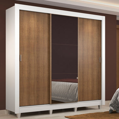 Placard Matrimonial 170 cm 3 Puertas Corredizas 2 Cajones con 1 Espejo y Patas Blanco/Marrón Lyon Madesa