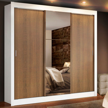 Placard Matrimonial 170 cm 3 Puertas Corredizas 4 Cajones con 1 Espejo Blanco/Marrón Lyon Madesa