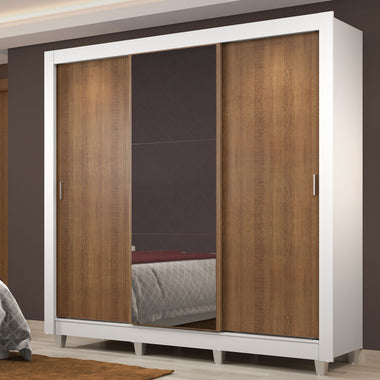 Placard Matrimonial 170 cm 3 Puertas Corredizas 4 Cajones con 1 Espejo y Patas Blanco/Marrón Lyon Madesa
