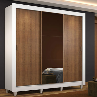 Placard Matrimonial 170 cm 3 Puertas Corredizas con 1 Espejo y Patas Blanco/Marrón Mónaco Madesa