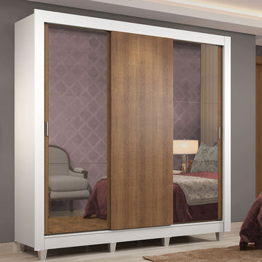 Placard Matrimonial 170 cm 3 Puertas Corredizas 2 Cajones con 2 Espejos y Patas Blanco/Marrón Lyon Madesa