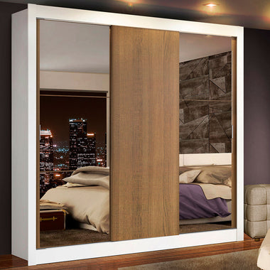 Placard Matrimonial 170 cm 3 Puertas Corredizas 4 Cajones con 2 Espejos Blanco/Marrón Lyon Madesa