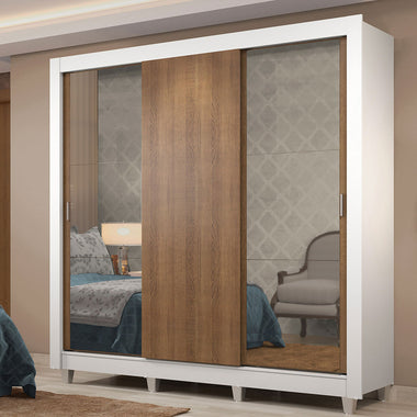 Placard Matrimonial 170 cm 3 Puertas Corredizas 4 Cajones con 2 Espejos y Patas Blanco/Marrón Lyon Madesa