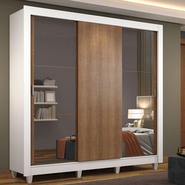Placard Matrimonial 170 cm 3 Puertas Corredizas con 2 Espejos y Patas Blanco/Marrón Mónaco Madesa