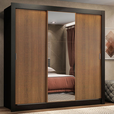 Placard Matrimonial 170 cm 3 Puertas Corredizas 2 Cajones con 1 Espejo Negro/Marrón Lyon Madesa