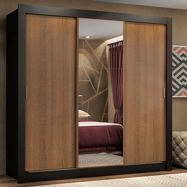 Placard Matrimonial 170 cm 3 Puertas Corredizas 4 Cajones con 1 Espejo Negro/Marrón Lyon Madesa