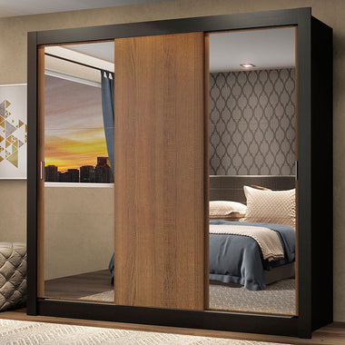 Placard Matrimonial 170 cm 3 Puertas Corredizas con 2 Espejos Negro/Marrón Mónaco Madesa