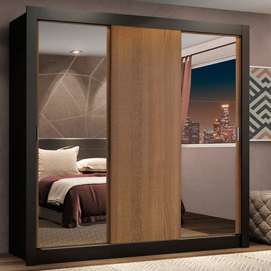 Placard Matrimonial 170 cm 3 Puertas Corredizas 4 Cajones con 2 Espejos Negro/Marrón Lyon Madesa