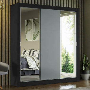 Placard Matrimonial 170 cm 3 Puertas Corredizas con 2 Espejos Negro/Gris Mónaco Madesa