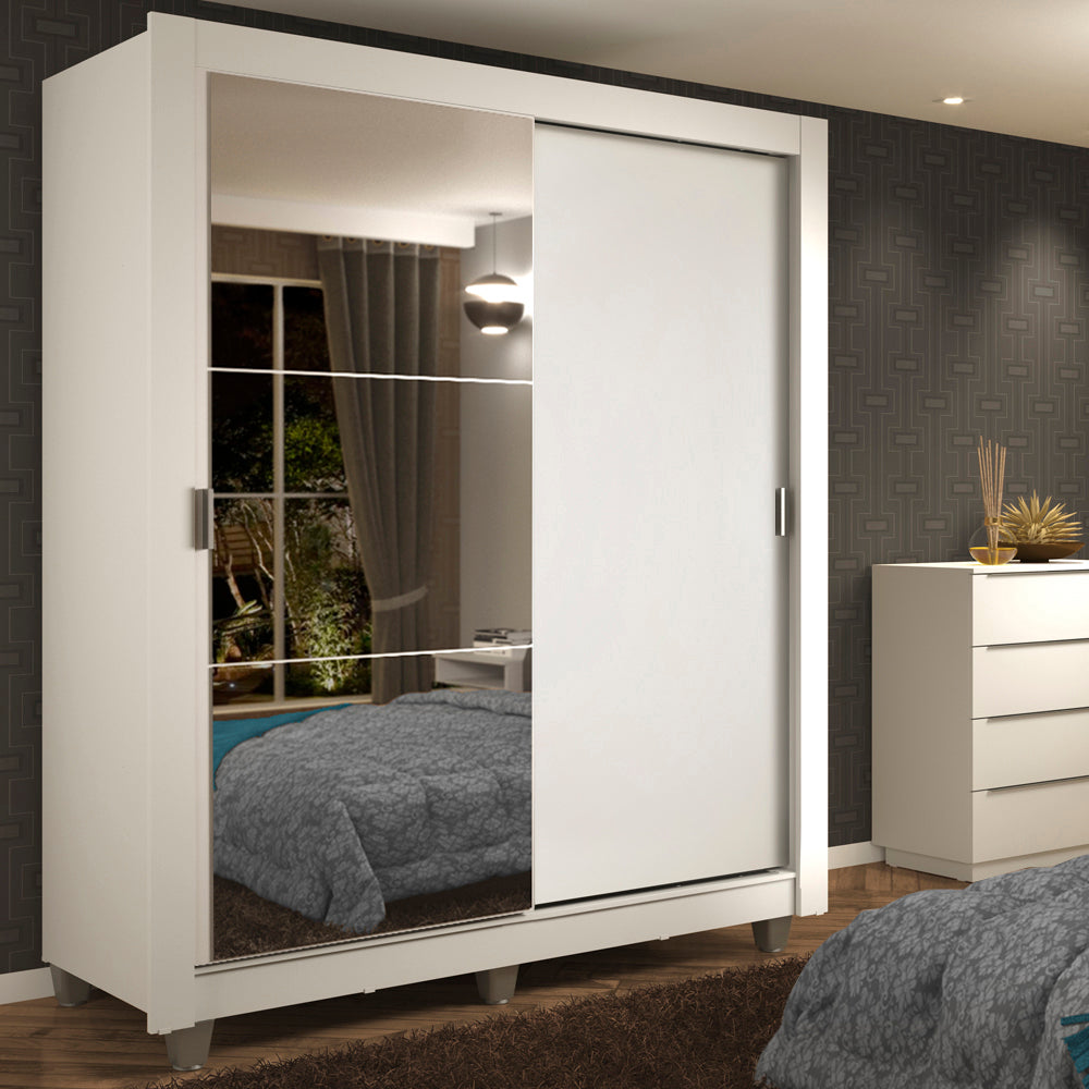 Placard Soltero Dallas 2 Puertas Corredizas con Espejo 2 Cajones con Patas Blanco