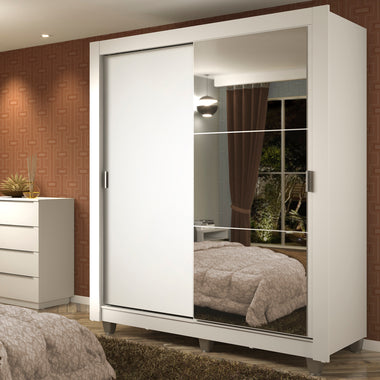 Placard Soltero 117 cm 2 Puertas Corredizas 4 Cajones con 1 Espejo y Patas Blanco Dallas Madesa
