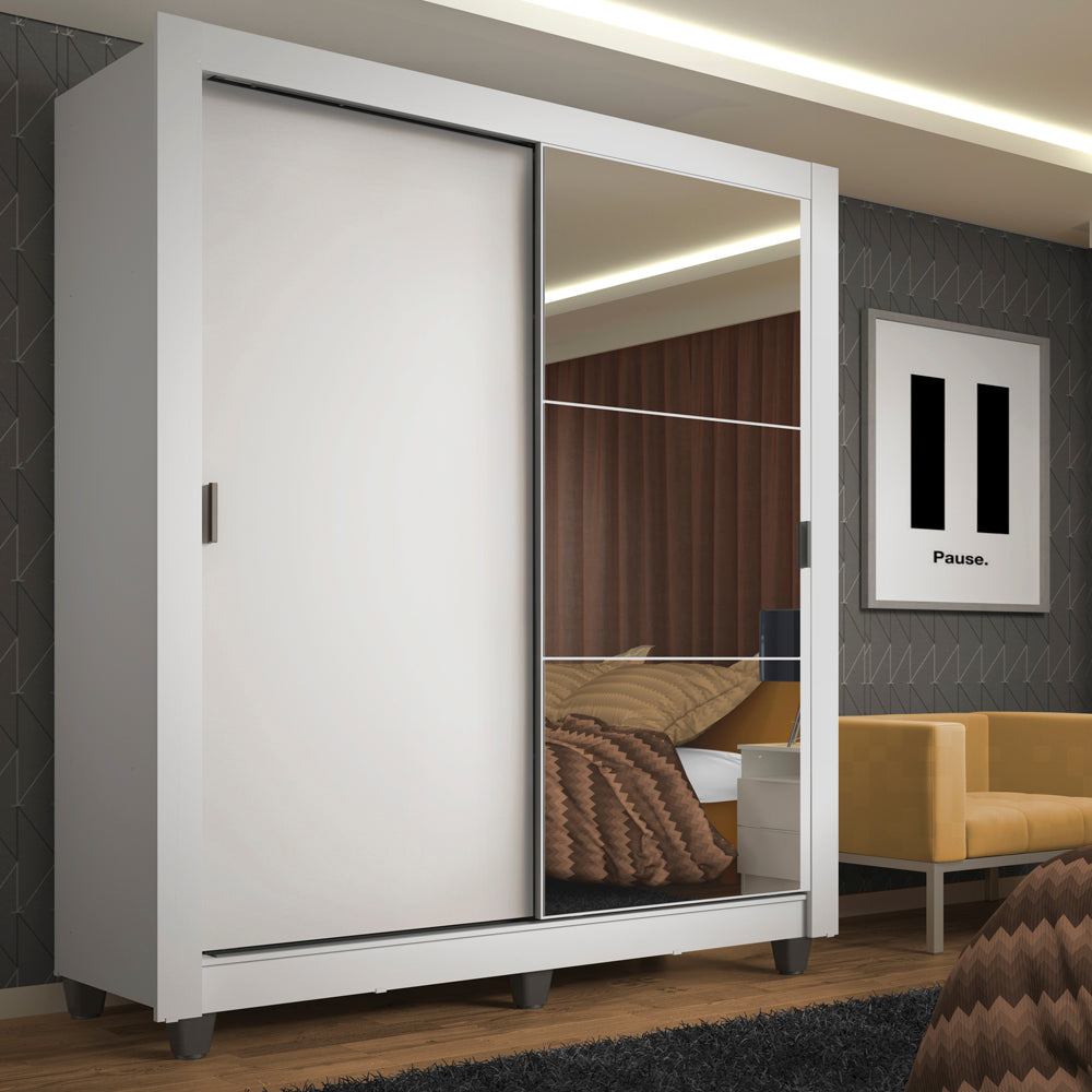 Placard Soltero Denver 2 Puertas Corredizas con Espejo con Patas Blanco