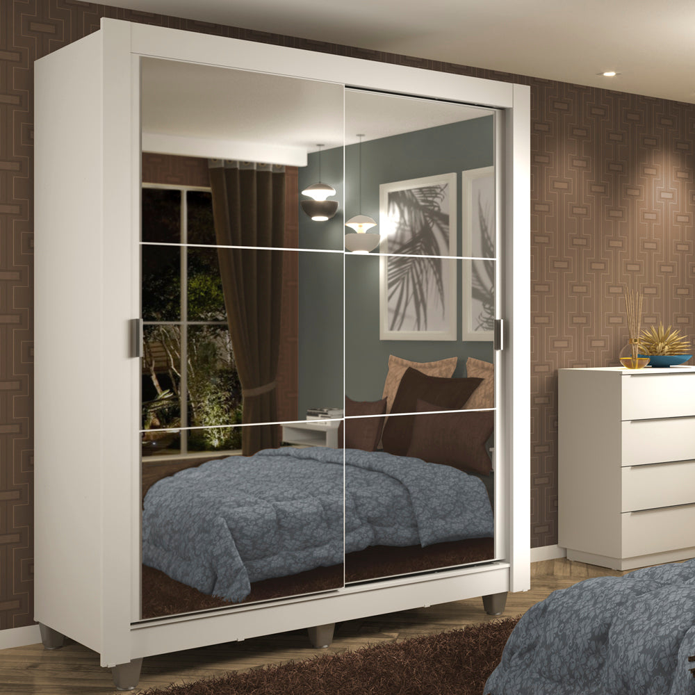 Placard Soltero Dallas 2 Puertas Corredizas con Espejo 2 Cajones con Patas Blanco