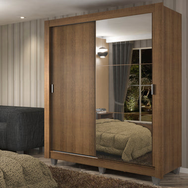Placard Soltero 117 cm 2 Puertas Corredizas 4 Cajones con 1 Espejo y Patas Marrón Dallas Madesa