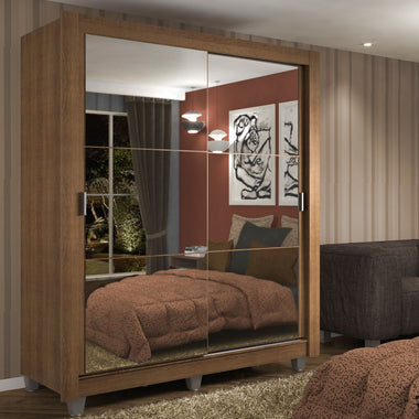 Placard Soltero 117 cm 2 Puertas Corredizas 2 Cajones con 2 Espejos y Patas Marrón Dallas Madesa