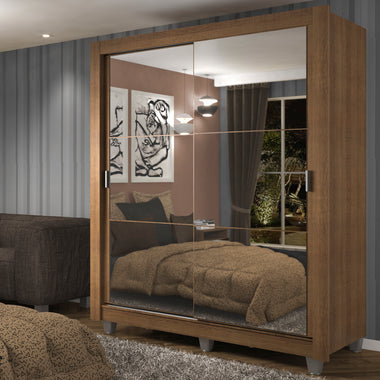 Placard Soltero 117 cm 2 Puertas Corredizas 4 Cajones con 2 Espejos y Patas Marrón Dallas Madesa